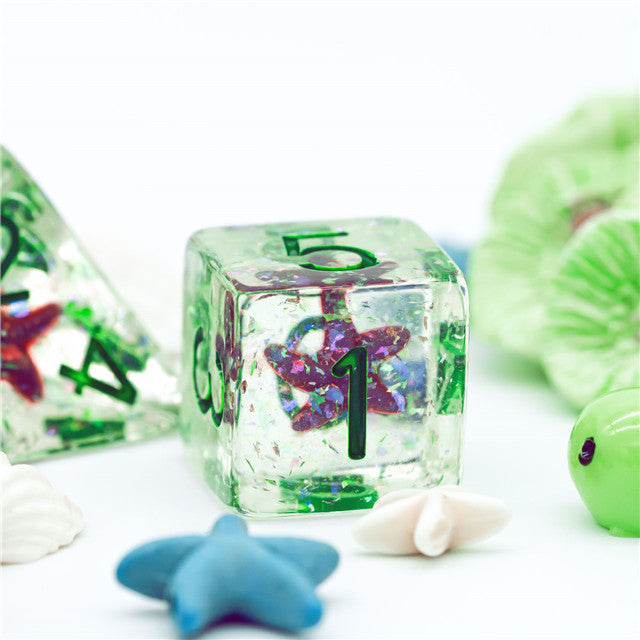 Green w/Purple Starfish Dice 7-Dice Set Resin Dungeons and Dragons Dice