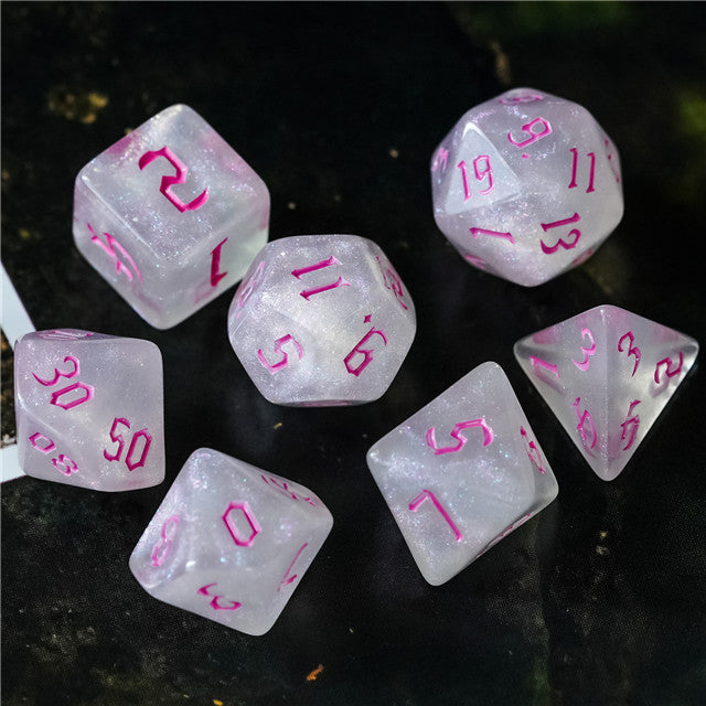 Glitter Party White Glitter Dice (Pink font) 7-Dice Set RPG DND