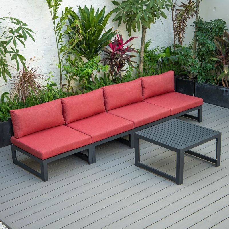 LeisureMod Chelsea 5-Piece Middle Patio Chairs and Coffee Table Set Black Aluminum with Cushions Red