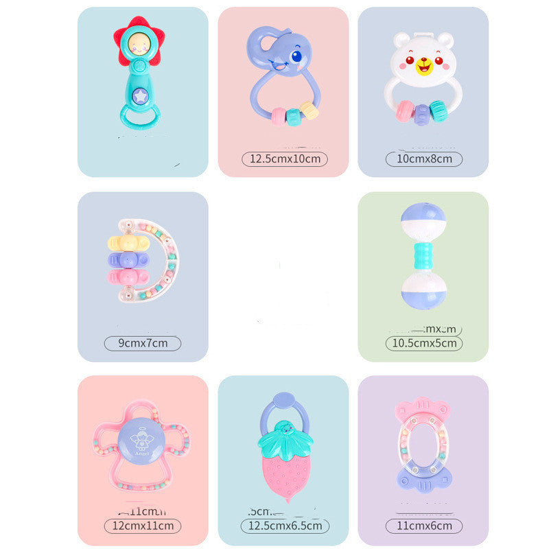 Set of baby toys on cards with dimensions displayed.