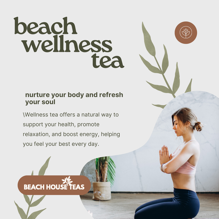 Advertisement for beach wellness tea with a woman in a yoga pose and text about wellness benefits.