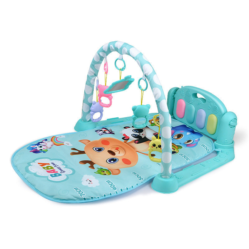 Baby play mat with toys and hanging items on a white background.