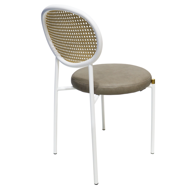 Chair with white frame, beige woven backrest, and brown cushion on a white background.