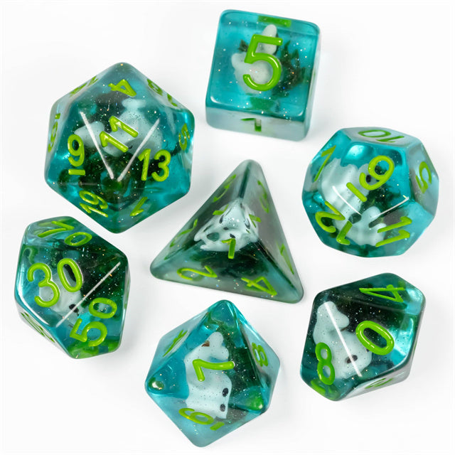White Fish Seaweed 7-Dice Set w/Green Numbers Dnd Dice Set