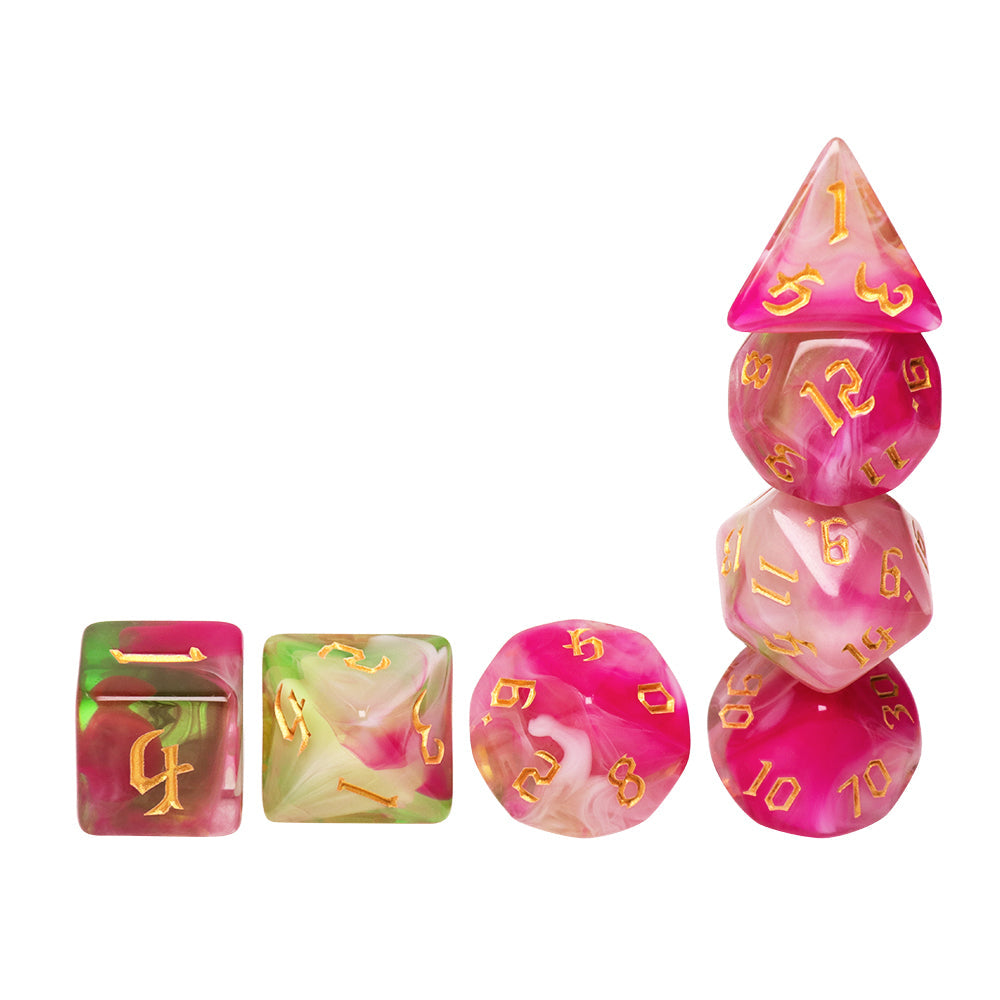 Superbloom 7-Dice Dnd Dice Pink | Green w/Gold Numbers Set