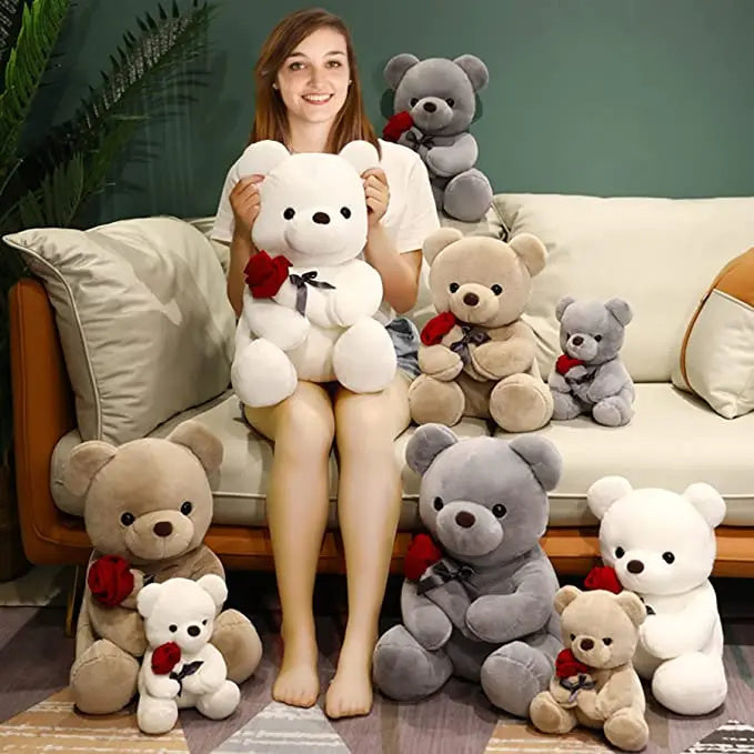 Plush Rose Teddy Bear – Soft Stuffed Animal Pillow Doll