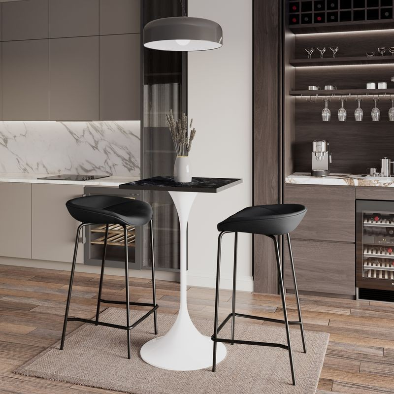 LeisureMod Verve Collection 24 Square Top Bar Height Table, White Base with Black MDF Top in Room.