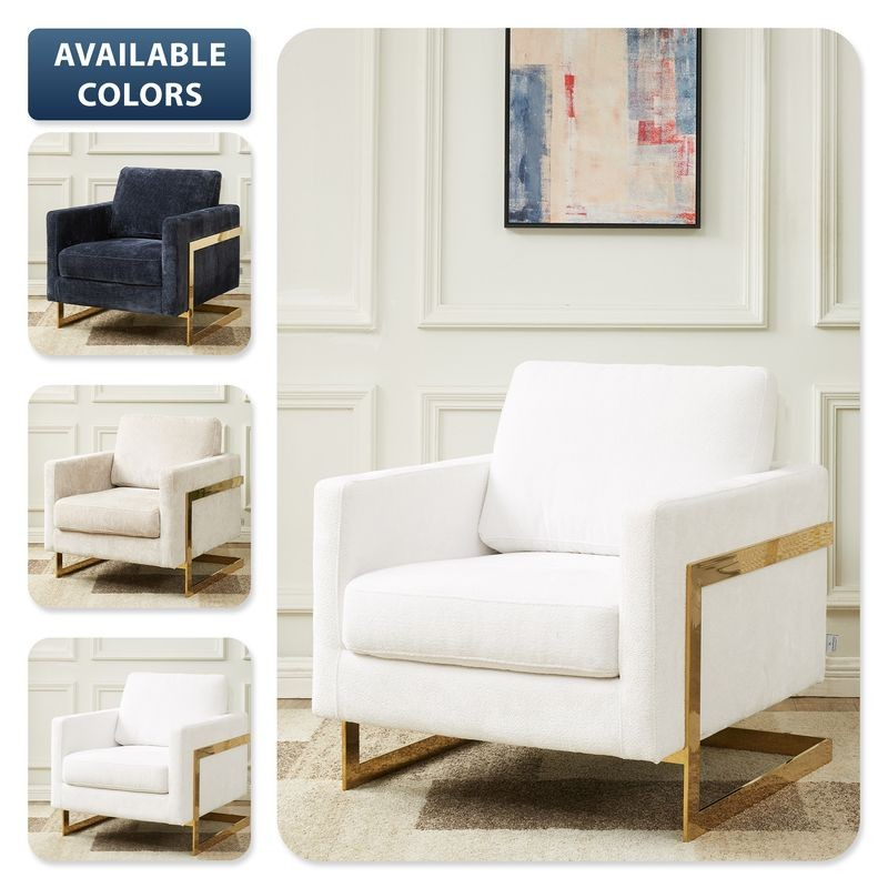 LeisureMod Lincoln Boucle Fabric Accent Armchair with Gold Stainless Steel Frame and Removable Back Cushion in Various Colors