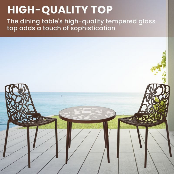 Outdoor dining set with high-quality tempered glass table and chairs on a deck.