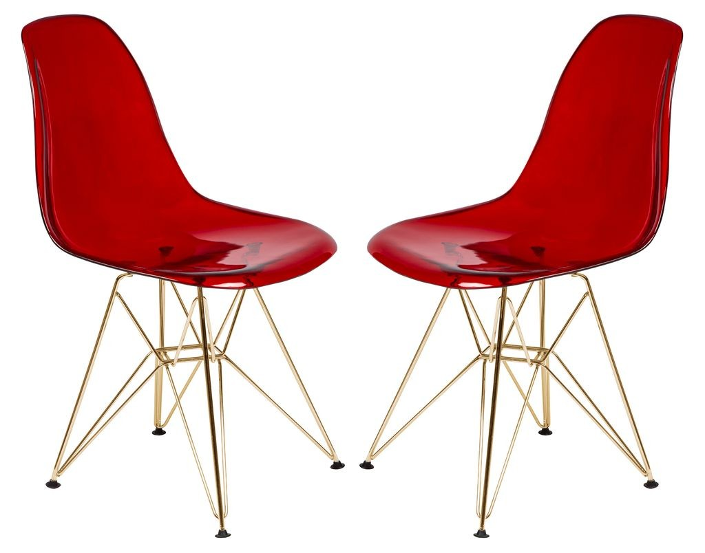 LeisureMod Cresco Molded Eiffel Side Chair with Gold Base, Set of 2 Transparent Red