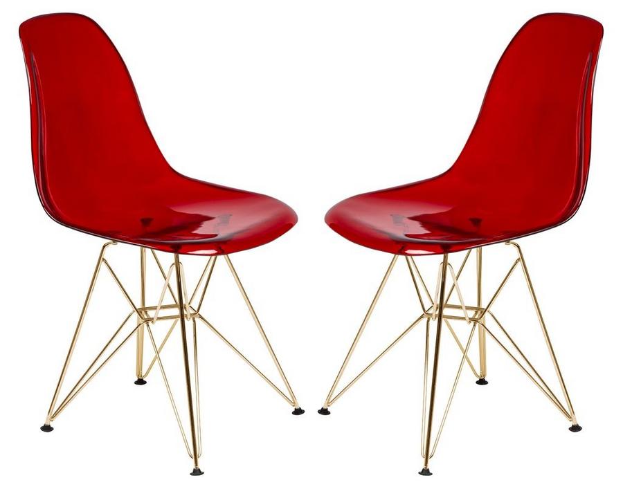 LeisureMod Cresco Molded Eiffel Side Chair with Gold Base, Set of 2 Transparent Red