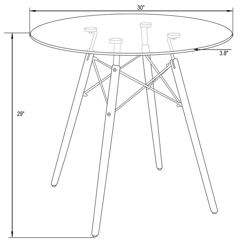 LeisureMod Dover Round Bistro Glass Top Dining Table w/Natural Wood Eiffel Base Dimensions.