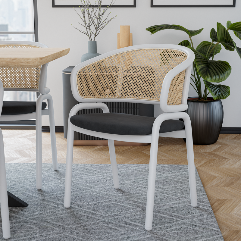 Leisuremod Ervilla Modern Dining Chair with White Powder Coated Steel Legs and Wicker Back Black.