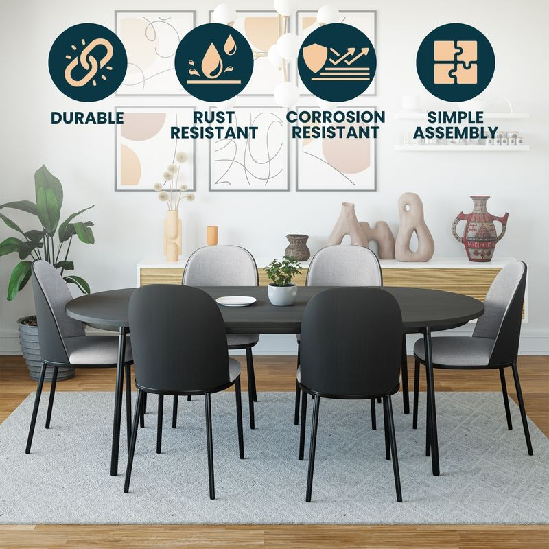 Dining table set with chairs in a room with decorative elements and feature icons.