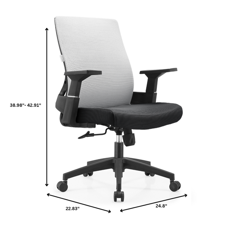 Ergonomic office chair with dimensions indicated on a white background.