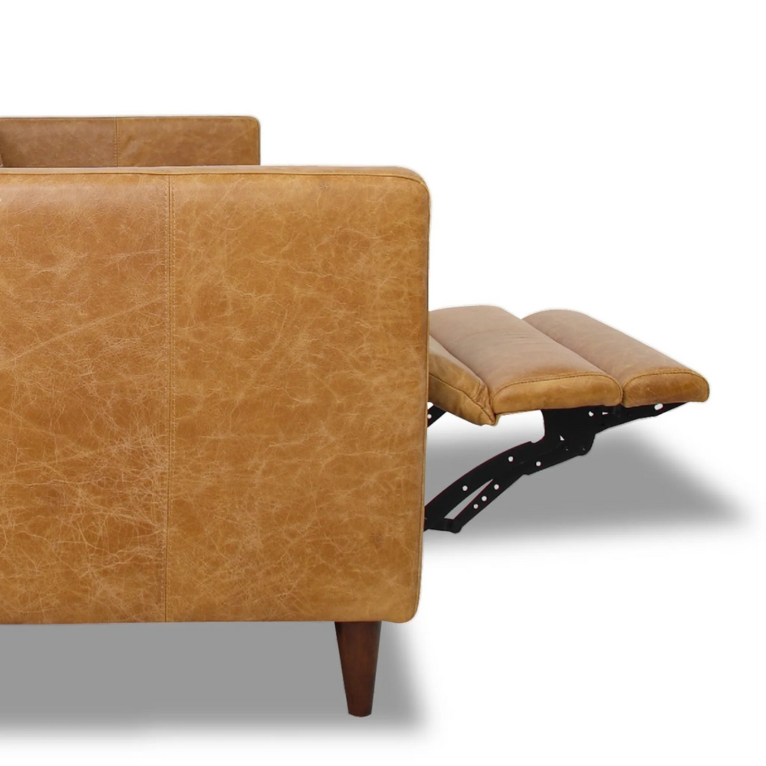Christopher Tan Leather Electric Inclining Sofa Left Facing Reclined.