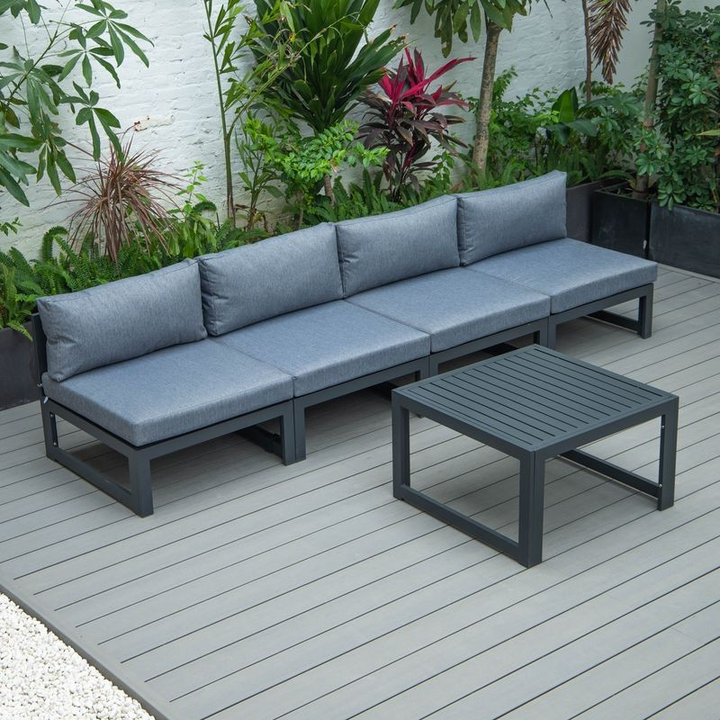 LeisureMod Chelsea 5-Piece Middle Patio Chairs and Coffee Table Set Black Aluminum with Cushions Blue
