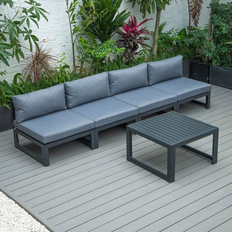 LeisureMod Chelsea 5-Piece Middle Patio Chairs and Coffee Table Set Black Aluminum with Cushions Blue