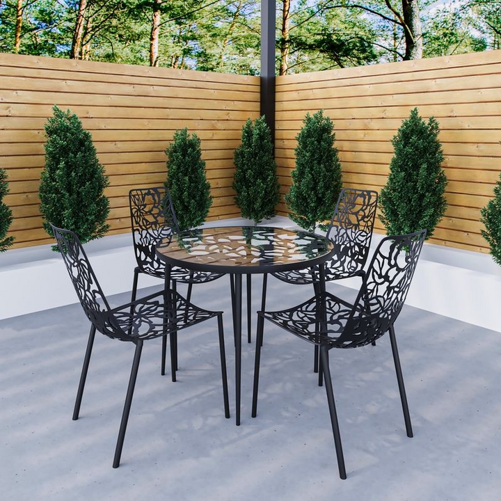 LeisureMod Devon Mid-Century Modern 5-Piece Aluminum Outdoor Patio Dining Set with Tempered Glass Top Table and 4 Stackable Flower Design Chairs Black