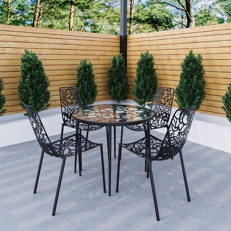 LeisureMod Devon Mid-Century Modern 5-Piece Aluminum Outdoor Patio Dining Set with Tempered Glass Top Table and 4 Stackable Flower Design Chairs Black
