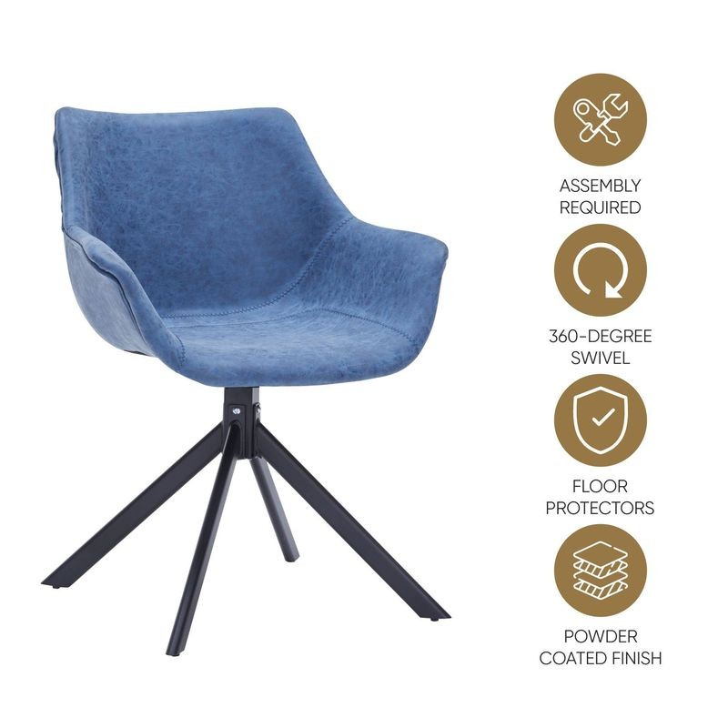 Blue swivel chair with assembly, swivel, floor protector, and finish features on a white background.