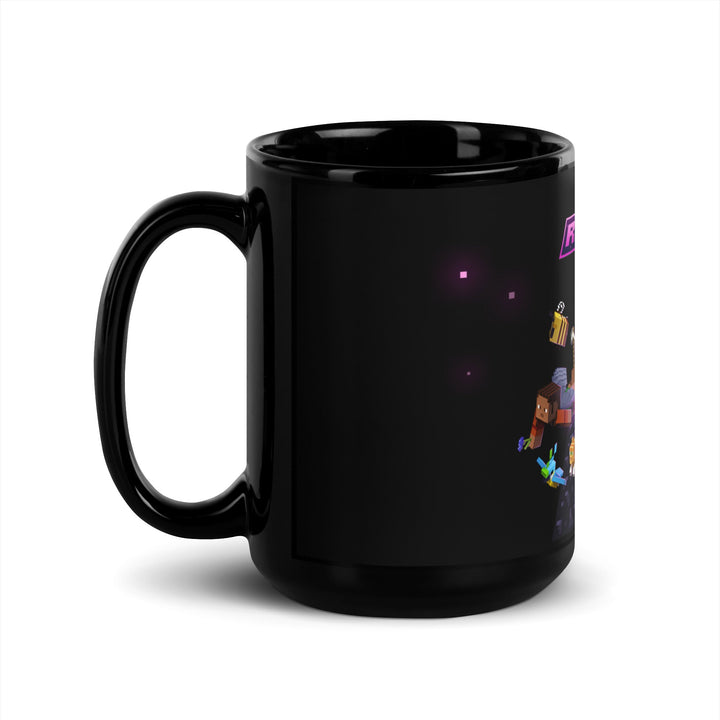 Black mug with colorful design on a white background.
