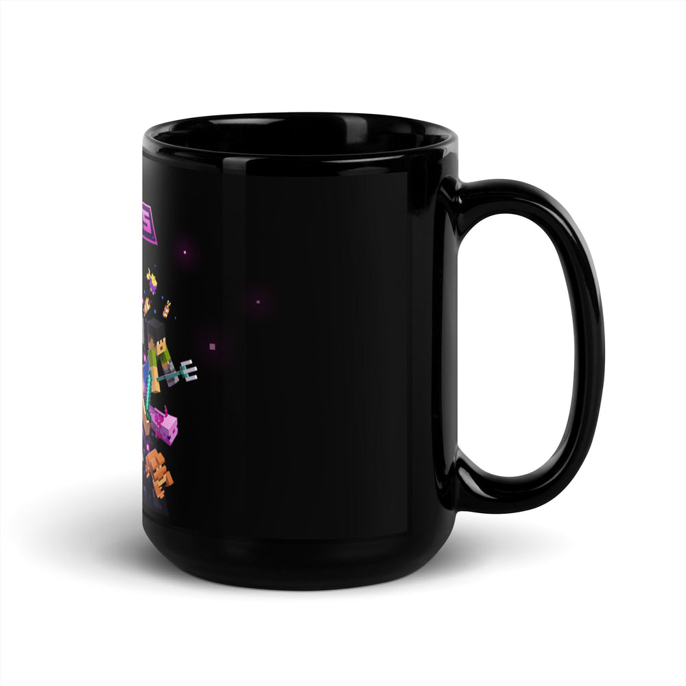 Black mug with colorful text design on a white background.