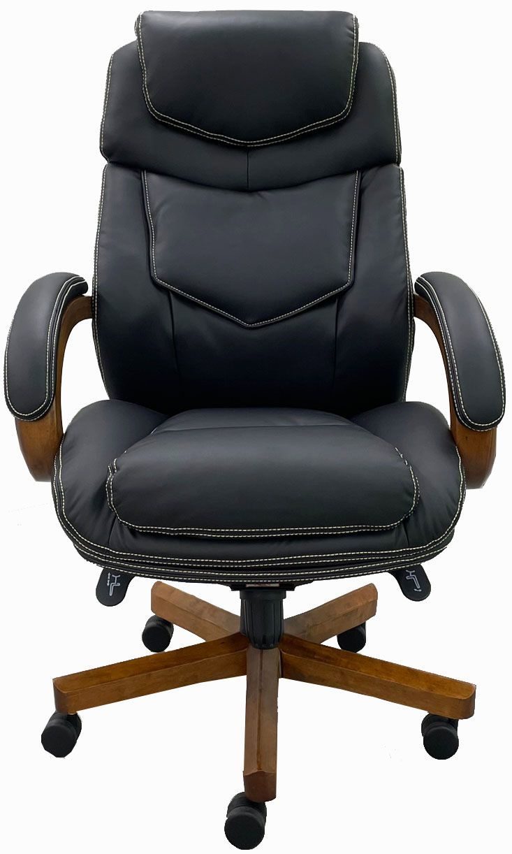 Black Leather Office Chair with Wood Arms and Base Front