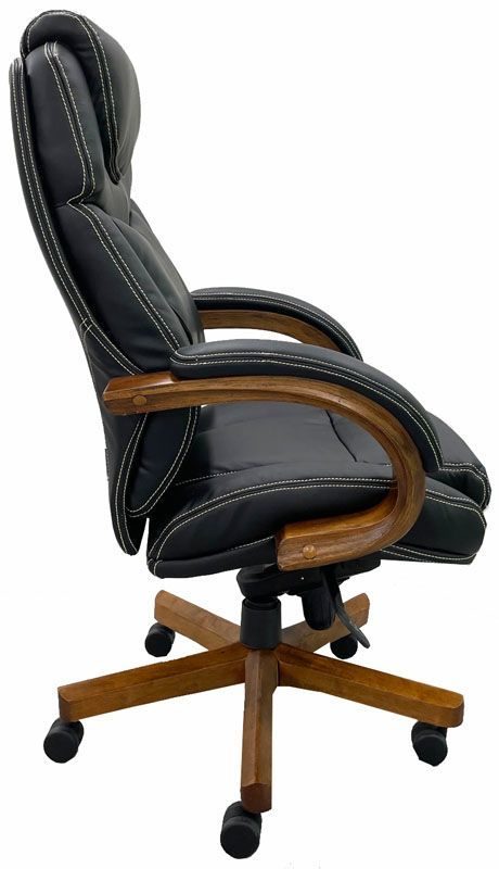 Black Leather Office Chair with Wood Arms and Base Side