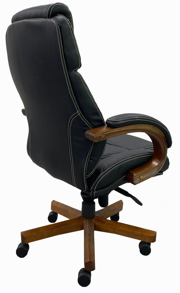 Black Leather Office Chair with Wood Arms and Base Back