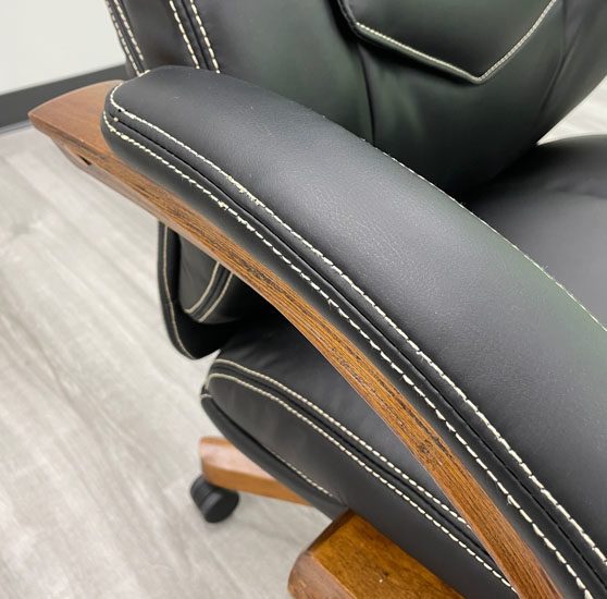 Black Leather Office Chair with Wood Arms and Base Armrest