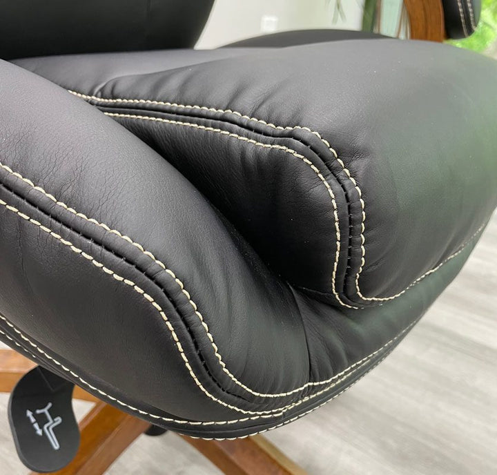 Black Leather Office Chair with Wood Arms and Base Cushion