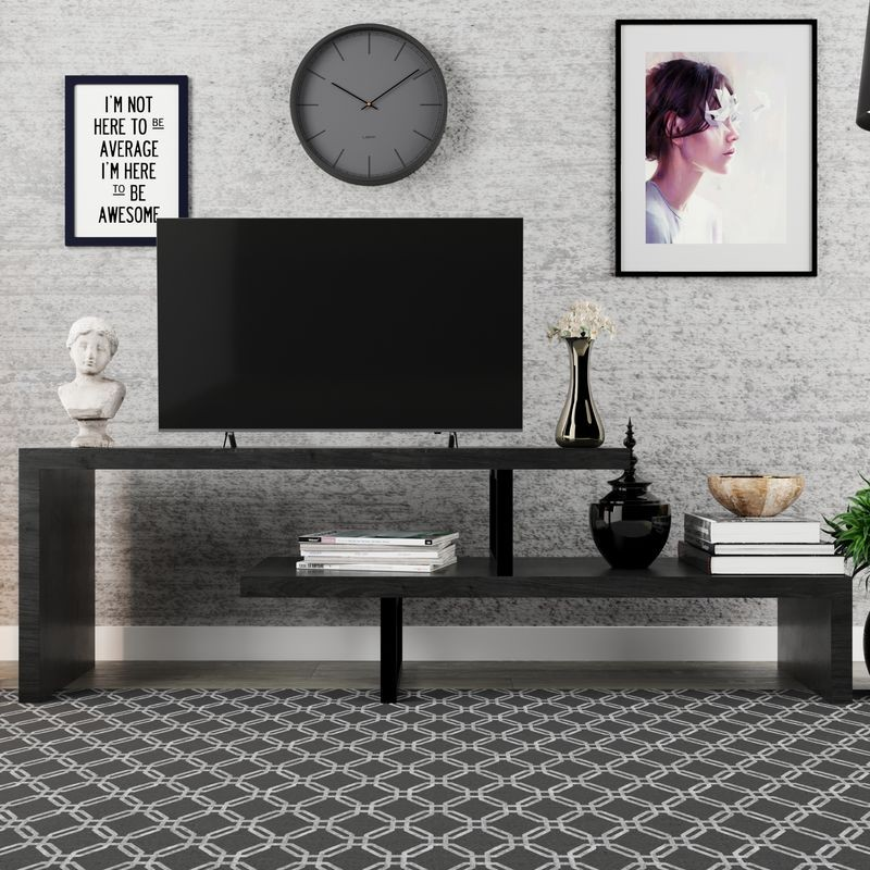 LeisureMod Orford Mid-Century Modern TV Stand with MDF Shelves and Powder Coated Iron Legs in Phantom Grey in Room.