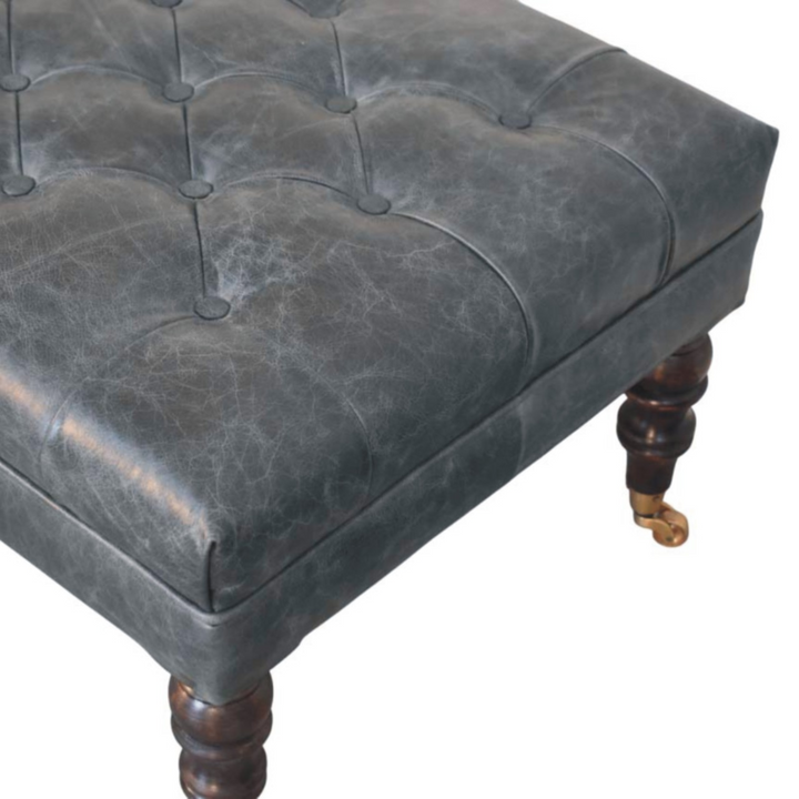 Buffalo Teal Leather Ottoman with Castor Legs Zoomed