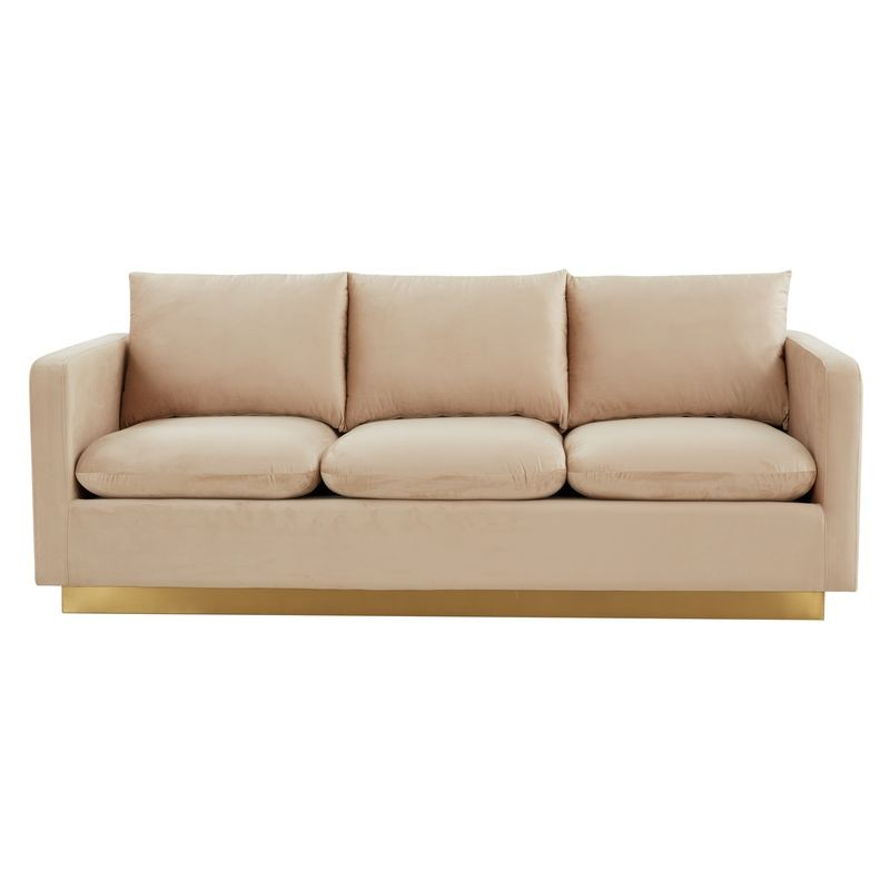 LeisureMod Nervo Modern Mid-Century Upholstered Velvet Sofa with Gold Frame Beige Front View.