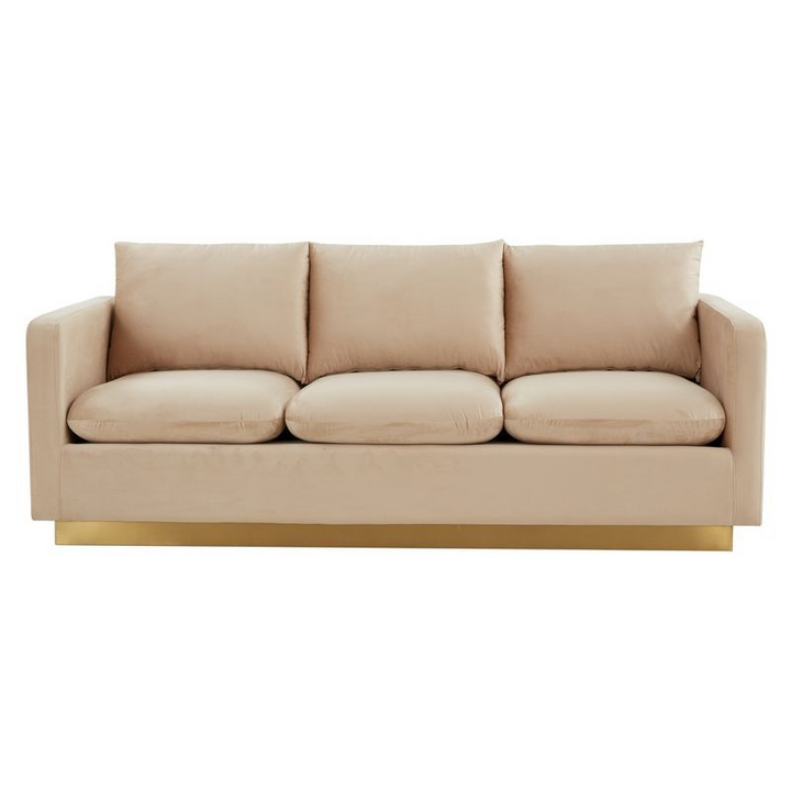 LeisureMod Nervo Modern Mid-Century Upholstered Velvet Sofa with Gold Frame Beige Front View.