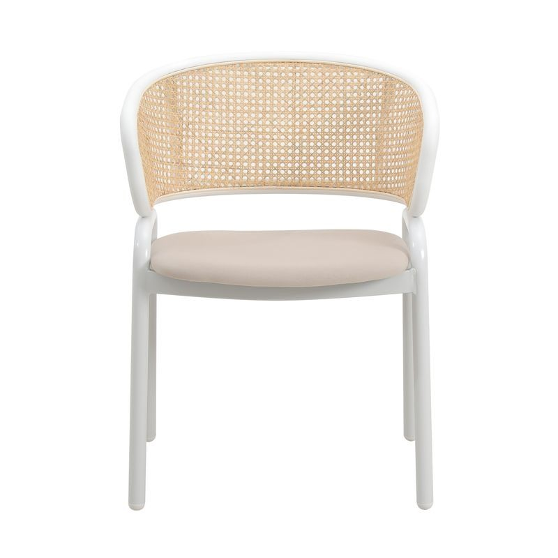 Leisuremod Ervilla Modern Dining Chair with White Powder Coated Steel Legs and Wicker Back Beige Front View.