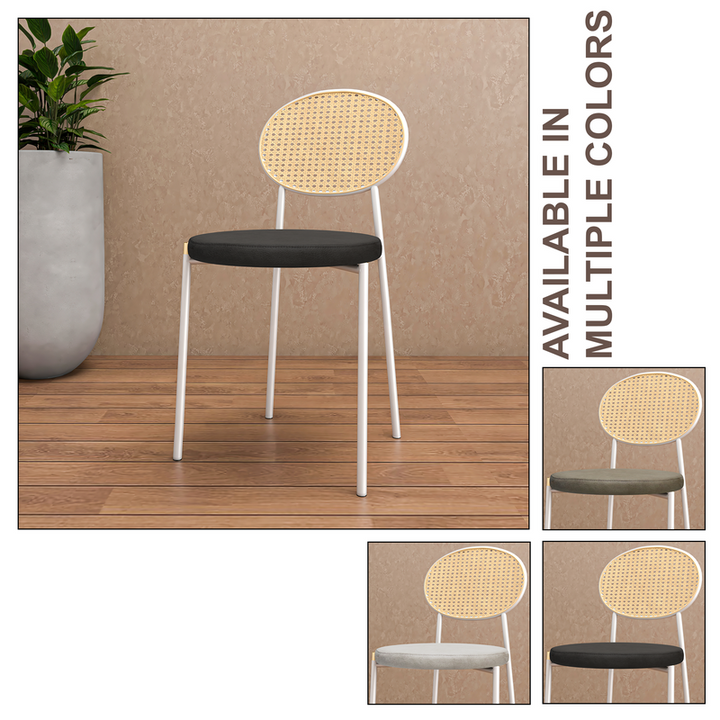 Chair with wicker backrest and black seat on a wooden floor, with additional color options shown.