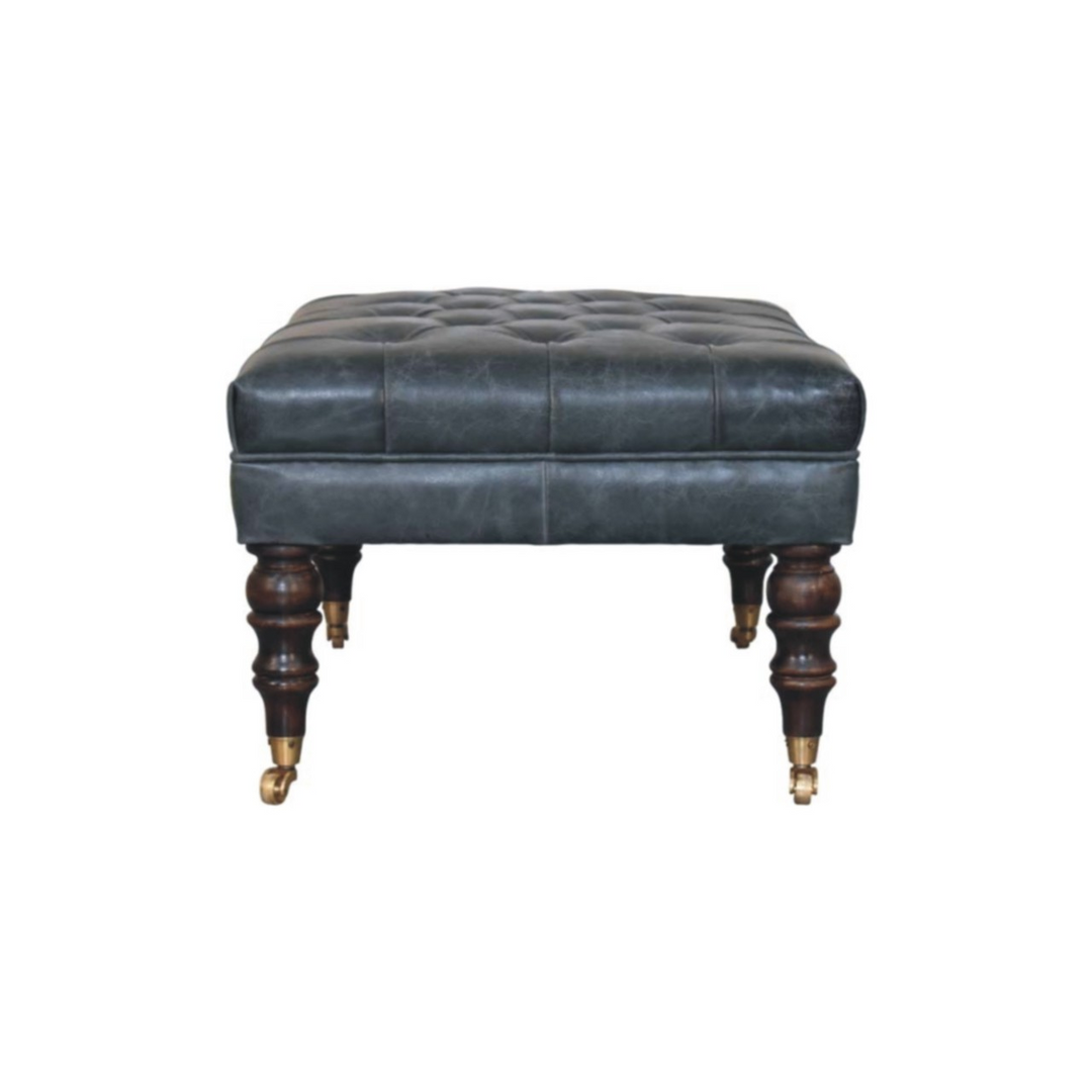 Buffalo Teal Leather Ottoman with Castor Legs Long View of Short Side