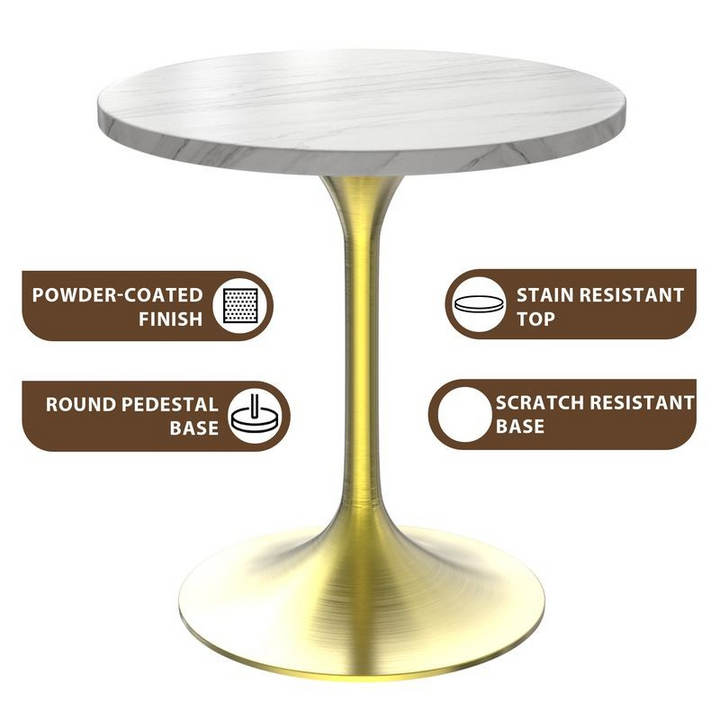 LeisureMod Verve Collection 27 Round Dining Table, Brushed Gold Base with Sintered Stone White Top Details.