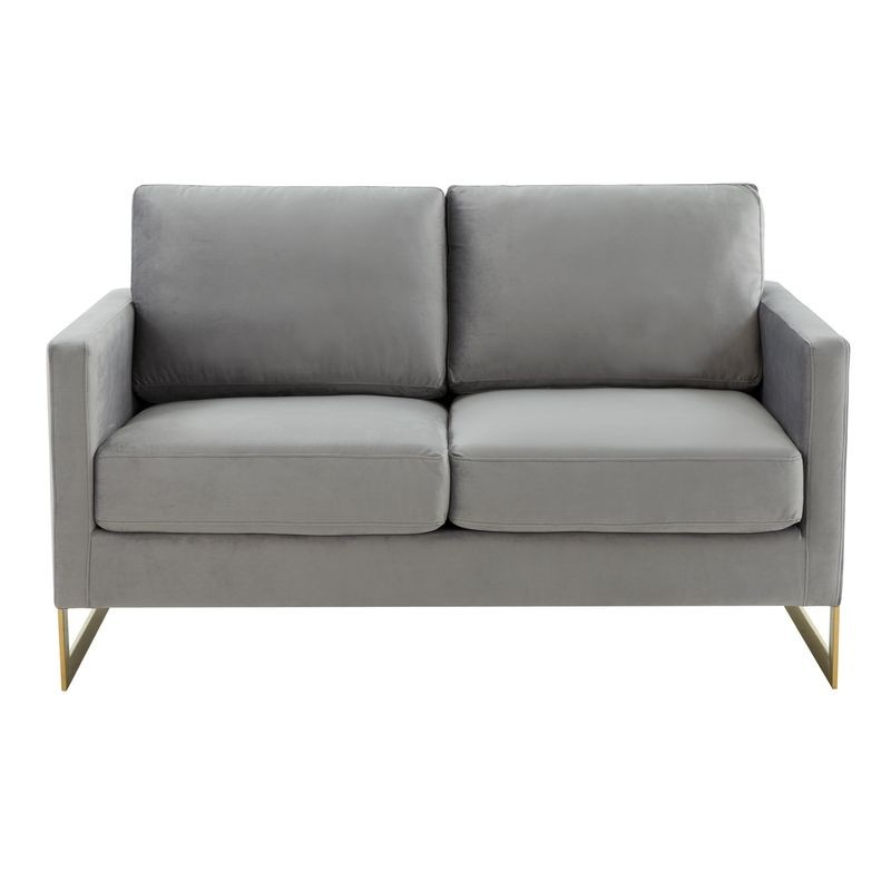 LeisureMod Lincoln Modern Mid-Century Upholstered Velvet Loveseat with Gold Frame Light Grey Front Photo.