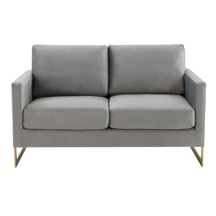 LeisureMod Lincoln Modern Mid-Century Upholstered Velvet Loveseat with Gold Frame Light Grey Front Photo.