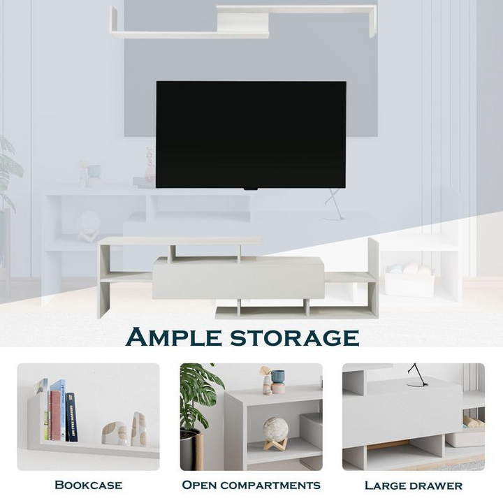 LeisureMod Surrey Modern TV Stand with MDF Shelves and Bookcase in White Storage Details.