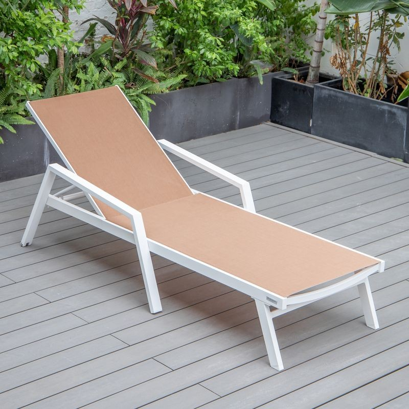 LeisureMod Marlin Patio Chaise Lounge Chair with Armrests in White Aluminum Frame Light Brown Photo.