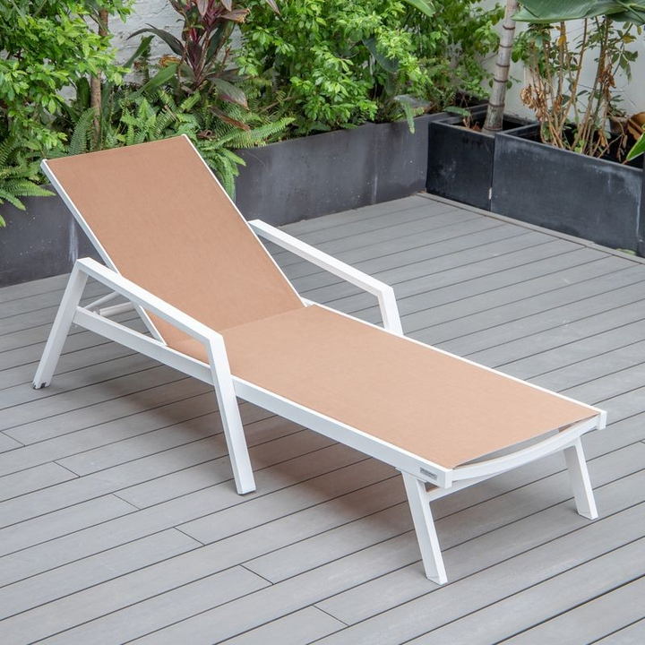 LeisureMod Marlin Patio Chaise Lounge Chair with Armrests in White Aluminum Frame Light Brown Photo.