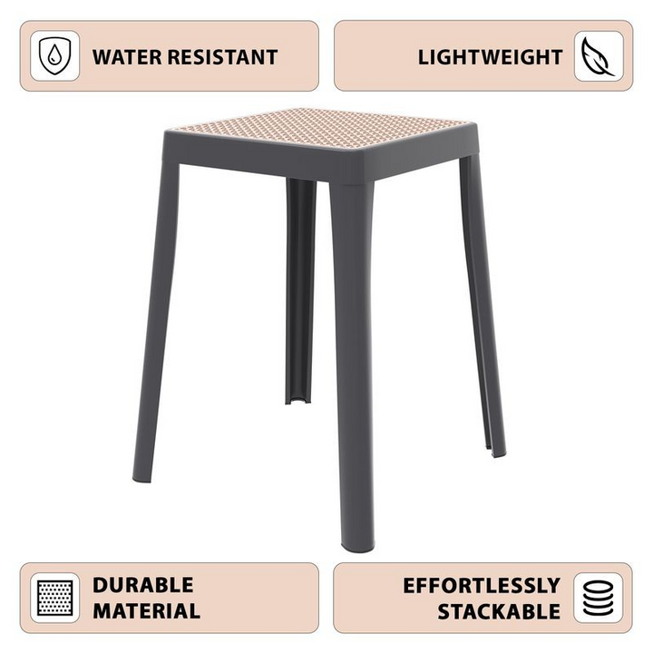 LeisureMod Tresse Series Stackable Poly Stool with Wicker Top in Grey Description.