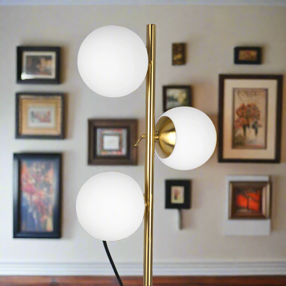 Brilliance Modern Gold Brush Floor Lamp, Opal Glass Shades and Round Metal Base Closeup.