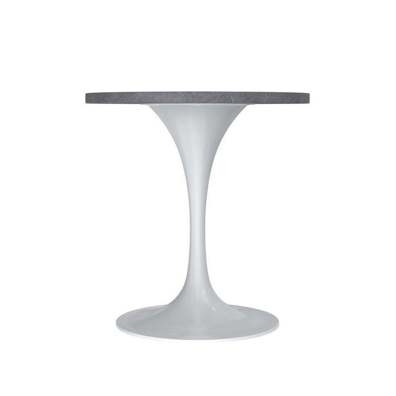 LeisureMod Verve Collection 27 Round Dining Table, White Base with Sintered Stone Grey Top Side View.