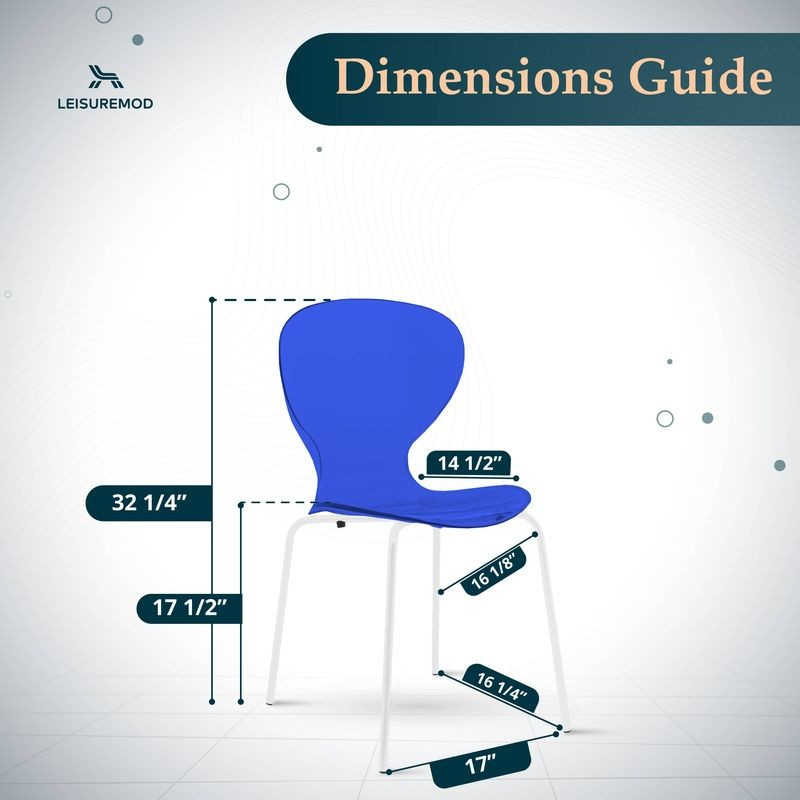 Blue chair with dimensions labeled on a white background, featuring the LeisureMod logo.