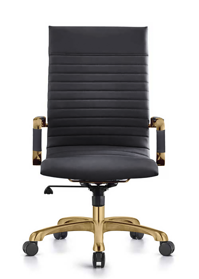 LeisureMod Harris High-Back Faux Leather Office Chair with Gold Frame Black Front View.